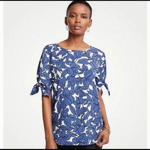 Ann Taylor Iris Floral Blue Tie Short Sleeve Top